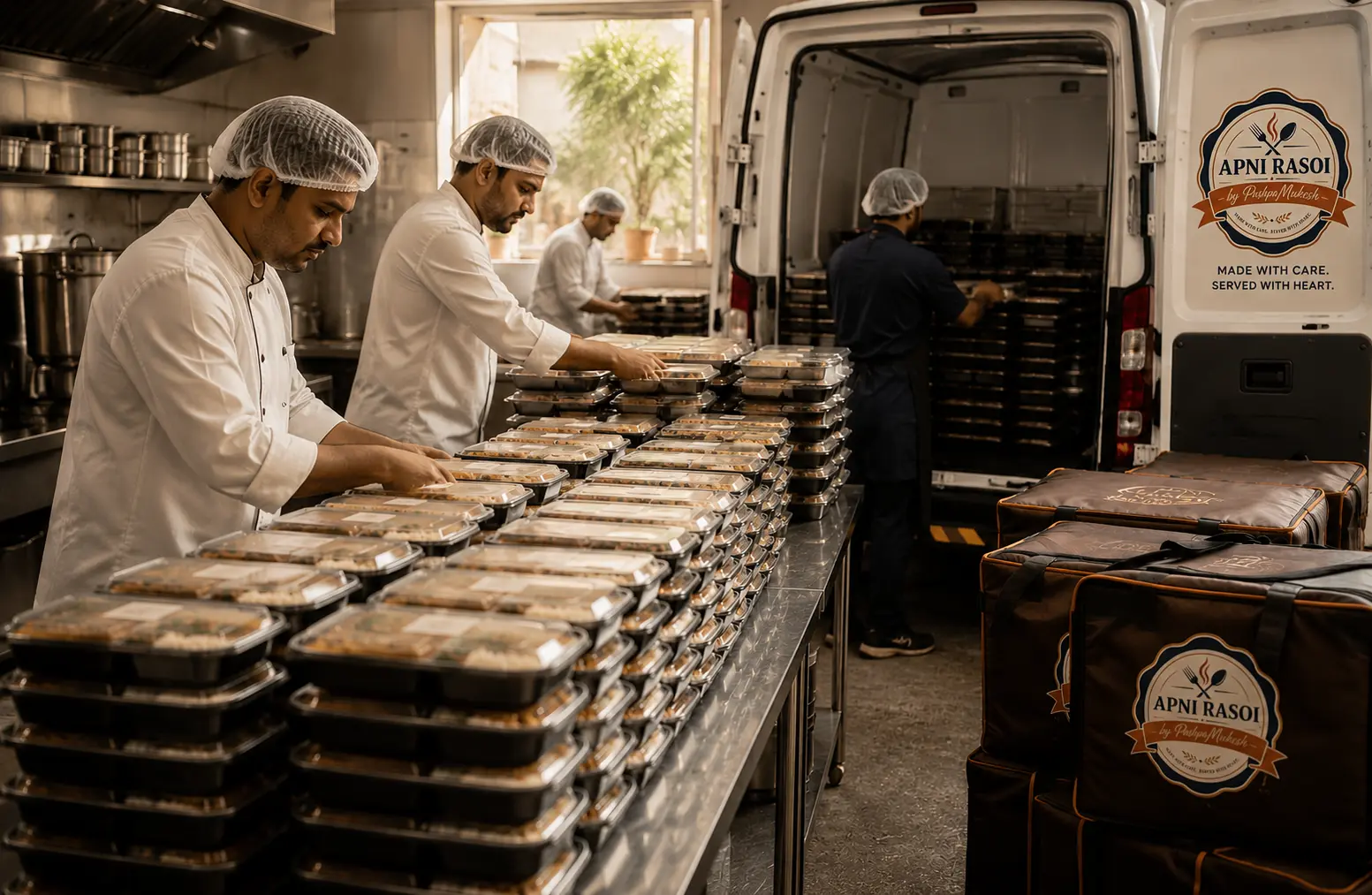 Bulk meal containers ready for dispatch